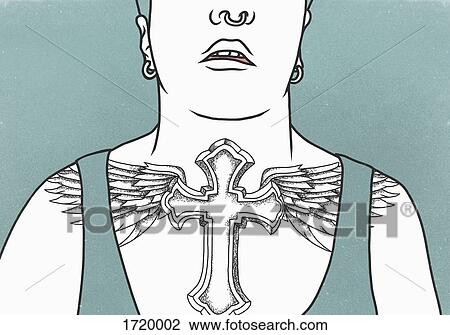 Stock Image - Midsection of man with cross tattoo on chest against blue background. Fotosearch