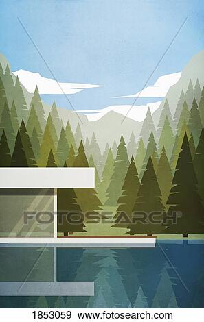 Stock Photo - Modern lake house with summer woods and mountains in background. Fotosearch