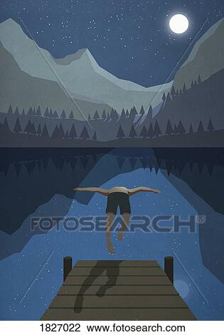 Stock Image - Moonlight shining over man jumping off dock into tranquil mountain lake. Fotosearch