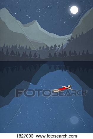 Moonlight shining over serene woman floating on back in tranquil mountain lake View Large Photo Image Stock Image - Moonlight shining over serene woman floating on back in tranquil mountain lake. Fotosearch