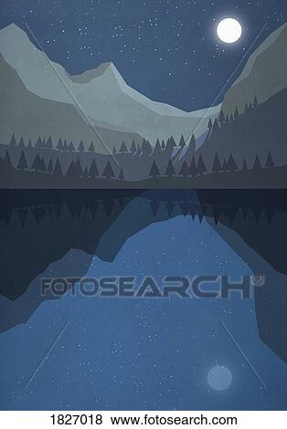 Stock Photo - Moonlight shining over tranquil mountain lake. Fotosearch