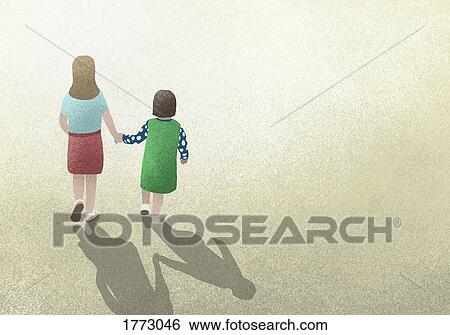 Stock Photograph - Mother and daughter holding hands on yellow background. Fotosearch