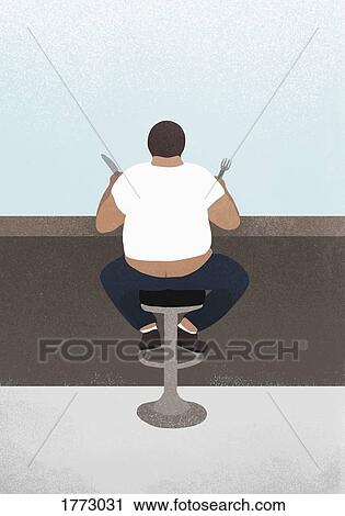 Stock Image - Overweight man eating at diner counter. Fotosearch