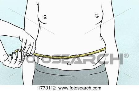 Stock Image - Overweight man measuring waist with tape measure. Fotosearch