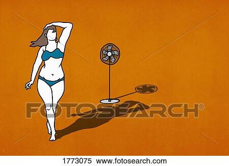Stock Photography - Overweight woman in bikini standing in front of fan on orange background. Fotosearch