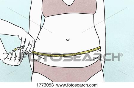 Stock Image - Overweight woman measuring waist with tape measure. Fotosearch