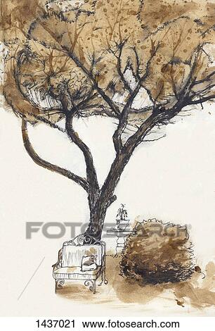 Painted image of empty couch by tree against white background View Large Illustration Clip Art - Painted image of empty couch by tree against white background. Fotosearch