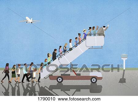 Passengers on mobile stairs on empty tarmac at airport View Large Photo Image Stock Image - Passengers on mobile stairs on empty tarmac at airport. Fotosearch