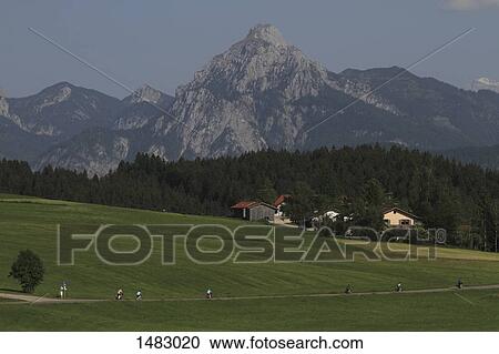 People riding bicycle on road amidst grassy field against mountains View Large Photo Image Stock Image - People riding bicycle on road amidst grassy field against mountains. Fotosearch