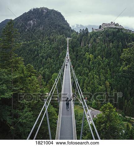 People walking across suspension bridge over green treetops, Tyrol, Austria View Large Photo Image Picture - People walking across suspension bridge over green treetops, Tyrol, Austria. Fotosearch