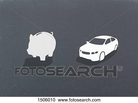 Stock Image - Piggy bank and car against gray background. Fotosearch