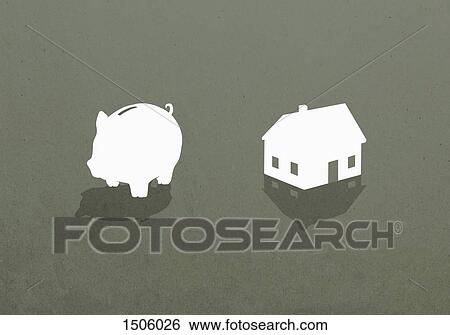 Stock Photograph - Piggy bank and house against gray background. Fotosearch