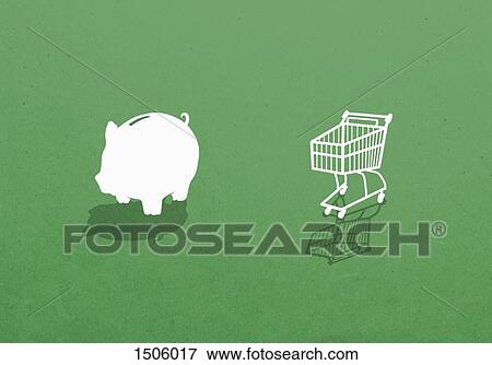 Stock Photo - Piggy bank and shopping cart against green background. Fotosearch