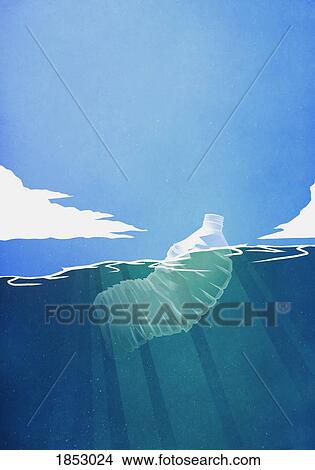 Picture - Plastic bottle floating in ocean. Fotosearch