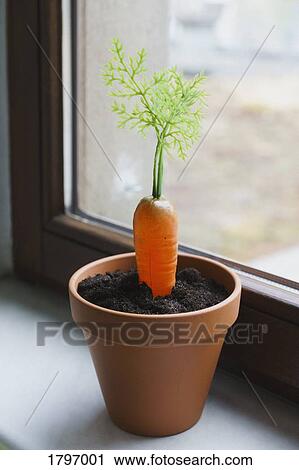 Stock Image - Plastic carrot in flowerpot with dirt on windowsill. Fotosearch