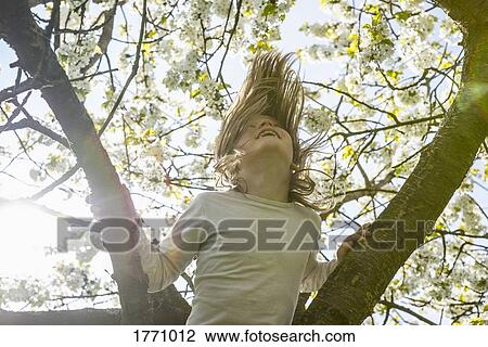 Playful girl climbing spring tree View Large Photo Image Stock Image - Playful girl climbing spring tree. Fotosearch