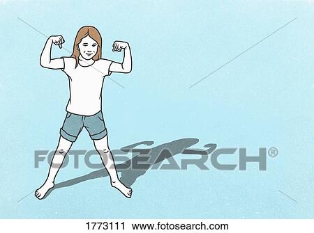 Stock Image - Portrait confident girl flexing biceps muscles on blue background. Fotosearch