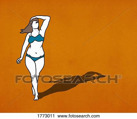Stock Image - Portrait confident overweight woman in bikini on orange background. Fotosearch