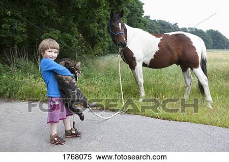 Stock Photography - Portrait cute girl with horse and cat. Fotosearch