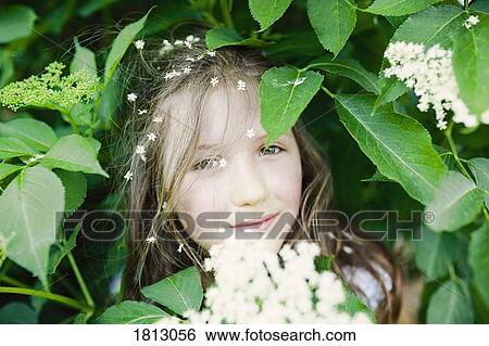 Portrait girl with flowers in hair in blooming bush View Large Photo Image Stock Photograph - Portrait girl with flowers in hair in blooming bush. Fotosearch