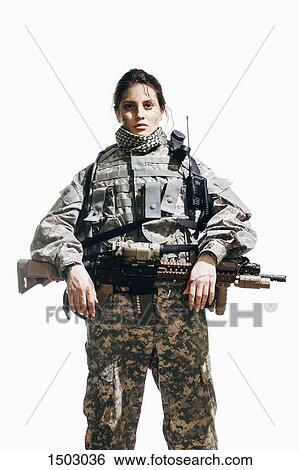 Portrait of female soldier standing with rifle against white background View Large Photo Image Stock Photograph - Portrait of female soldier standing with rifle against white background. Fotosearch