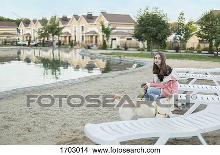 Portrait of teenage girl sitting on deck chair by dog at beach View Large Photo Image Picture - Portrait of teenage girl sitting on deck chair by dog at beach. Fotosearch