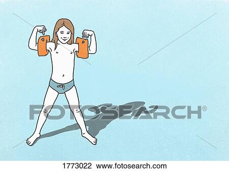 Stock Image - Portrait playful boy in water wings flexing biceps muscles on blue background. Fotosearch