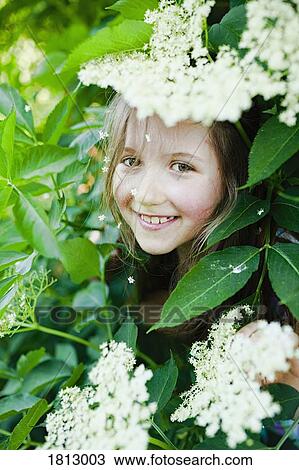 Portrait smiling girl hiding in blooming bush View Large Photo Image Stock Image - Portrait smiling girl hiding in blooming bush. Fotosearch