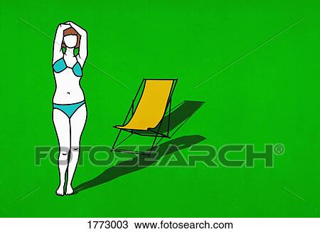 Stock Image - Portrait woman in bikini posing by lounge chair on green background. Fotosearch