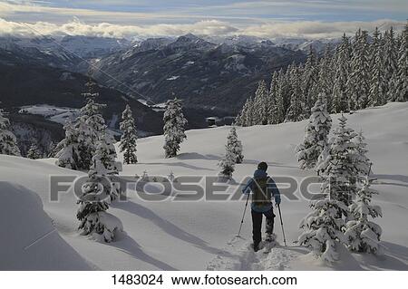 Rear view of man hiking on snow covered mountain View Large Photo Image Picture - Rear view of man hiking on snow covered mountain. Fotosearch