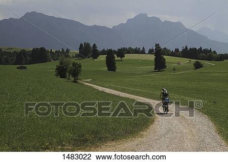 Stock Image - Rear view of person riding bicycle on dirt road amidst grassy field against mountains. Fotosearch