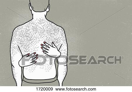 Stock Photo - Rear view of shirtless man with woman's hands on back against gray background. Fotosearch
