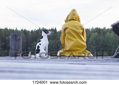 Stock Image - Rear view of woman wearing yellow raincoat sitting with dog on jetty at forest. Fotosearch