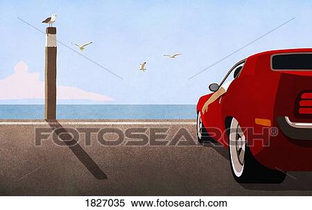 Red sports car parked at sunny ocean beach View Large Photo Image Stock Photography - Red sports car parked at sunny ocean beach. Fotosearch