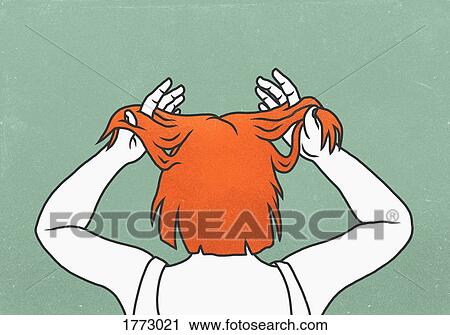 Stock Image - Redhead woman with hands in hair on green background. Fotosearch
