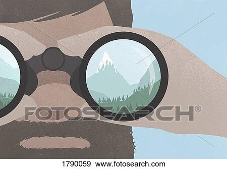 Reflection of a mountains in binoculars held by a man with a beard View Large Photo Image Stock Photo - Reflection of a mountains in binoculars held by a man with a beard. Fotosearch