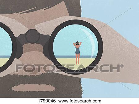 Reflection of woman standing on beach in binoculars held by a man with a beard View Large Photo Image Stock Photograph - Reflection of woman standing on beach in binoculars held by a man with a beard. Fotosearch