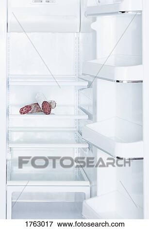Stock Photo - Salami in open, empty white refrigerator. Fotosearch