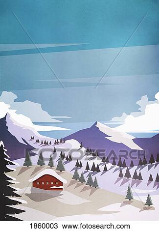Scenic view cabin among snowy mountains View Large Photo Image Stock Image - Scenic view cabin among snowy mountains. Fotosearch