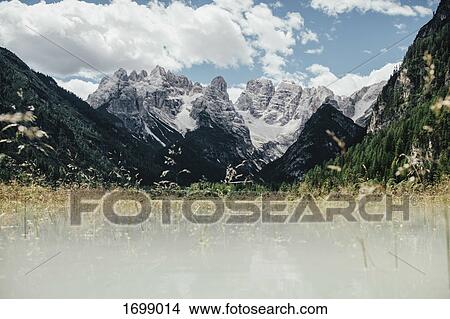 Scenic view of field against rocky mountains on sunny day, South Tyrol, Italy View Large Photo Image Picture - Scenic view of field against rocky mountains on sunny day, South Tyrol, Italy. Fotosearch