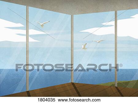 Seagulls flying outside beach house with ocean view View Large Photo Image Stock Photography - Seagulls flying outside beach house with ocean view. Fotosearch