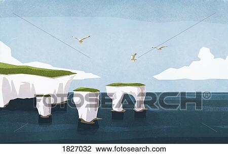 Seagulls flying over ocean rock formations View Large Photo Image Stock Image - Seagulls flying over ocean rock formations. Fotosearch