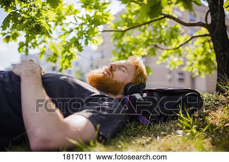 Serene man with beard listening to music with headphones in sunny park View Large Photo Image Stock Image - Serene man with beard listening to music with headphones in sunny park. Fotosearch