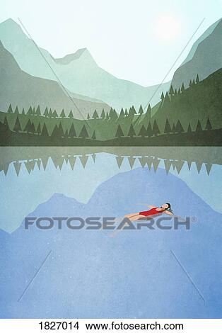 Picture - Serene woman floating on back in tranquil mountain lake. Fotosearch