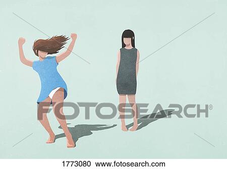 Shy woman watching carefree woman dancing on blue background View Large Photo Image Stock Image - Shy woman watching carefree woman dancing on blue background. Fotosearch