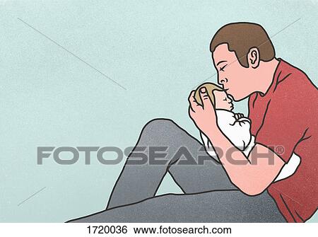 Stock Photograph - Side view of father kissing newborn baby against blue background. Fotosearch