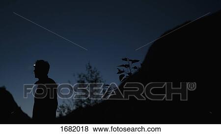 Stock Photo - Side view of silhouette man standing on mountain against clear sky. Fotosearch