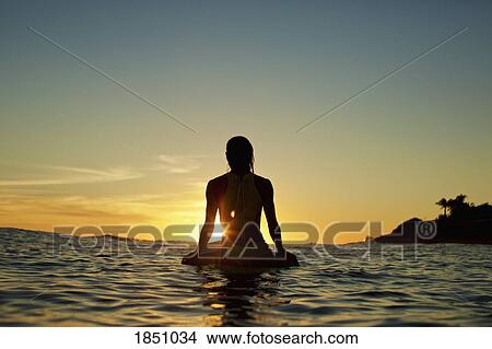 Silhouette female surfer waiting on surfboard on ocean, watching sunset, Sayulita, Nayarit, Mexico View Large Photo Image Picture - Silhouette female surfer waiting on surfboard on ocean, watching sunset, Sayulita, Nayarit, Mexico. Fotosearch