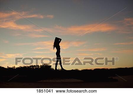 Silhouette woman on beach at dusk View Large Photo Image Stock Image - Silhouette woman on beach at dusk. Fotosearch