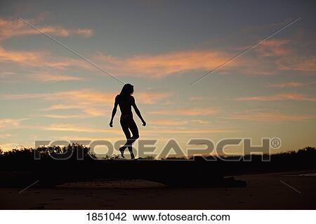 Silhouette woman on beach at dusk View Large Photo Image Stock Image - Silhouette woman on beach at dusk. Fotosearch
